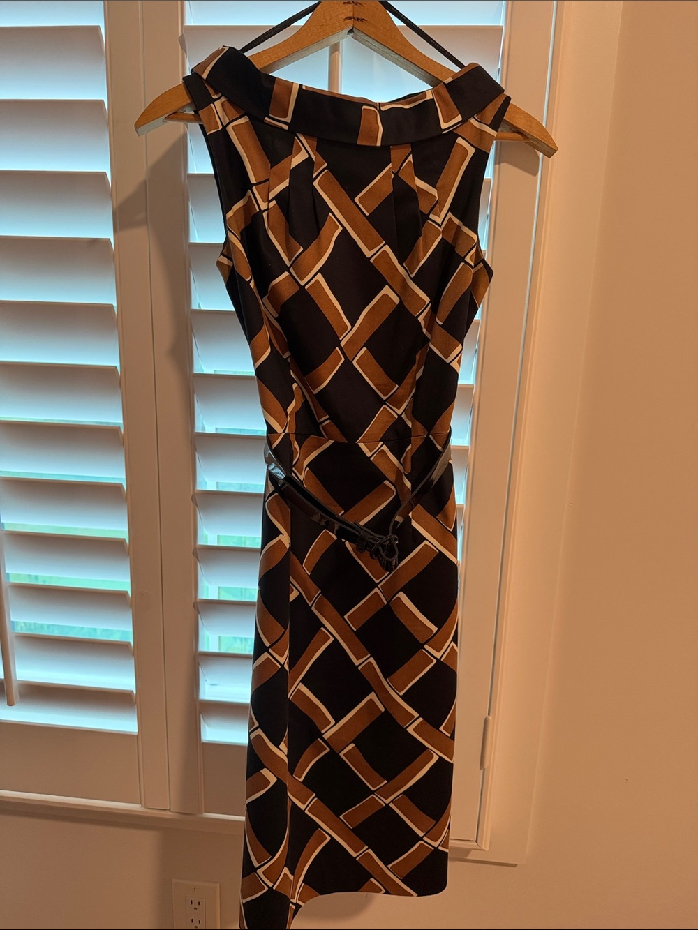 David Meister Brown and Black Geometric Midi Sheath Dress